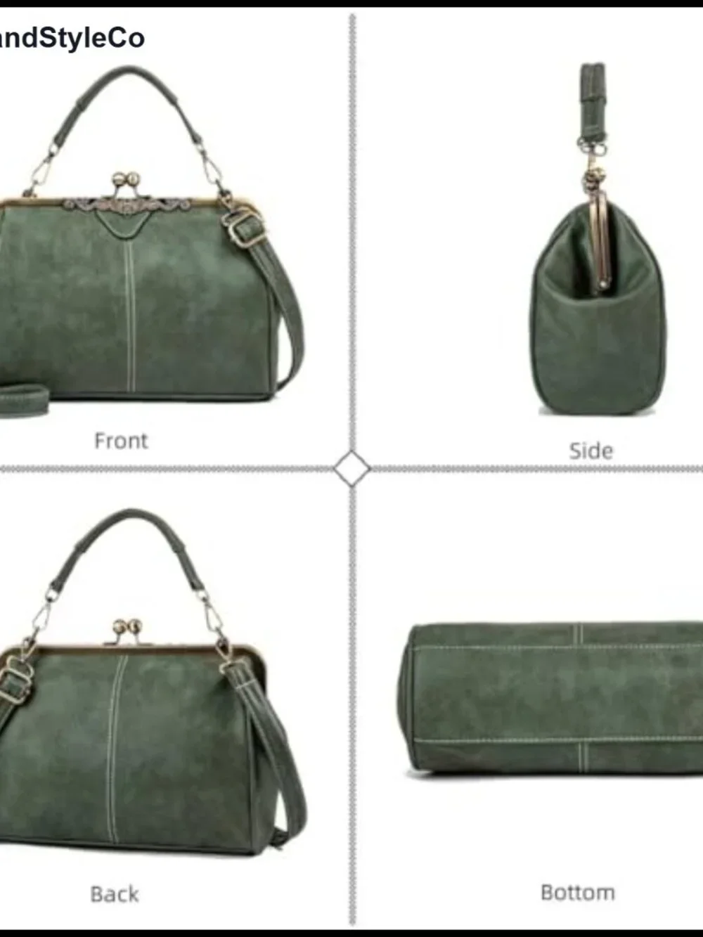 Vegan Leather Satchel Handbag with Kiss Lock, Top Handle & Crossbody Strap